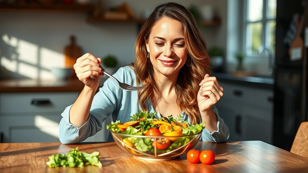 Woman eating a colorful salad at a wooden table with natural lighting, fork in hand, peaceful expression, fresh vegetables visible, bright kitchen background