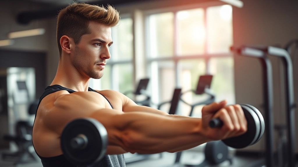 Person doing resistance training with dumbbells in a bright gym, focused expression, proper form, natural lighting, modern gym equipment visible