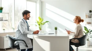 A serene healthcare setting with a doctor and patient discussing treatment options at a modern clinic desk, natural lighting, professional and supportive atmosphere, focused conversation about wellness