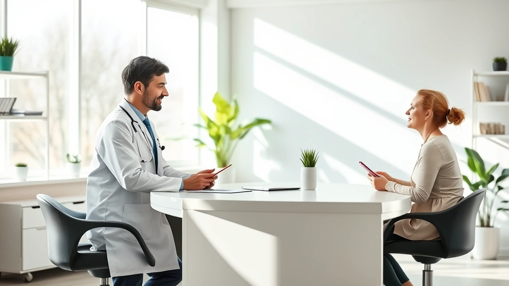A serene healthcare setting with a doctor and patient discussing treatment options at a modern clinic desk, natural lighting, professional and supportive atmosphere, focused conversation about wellness