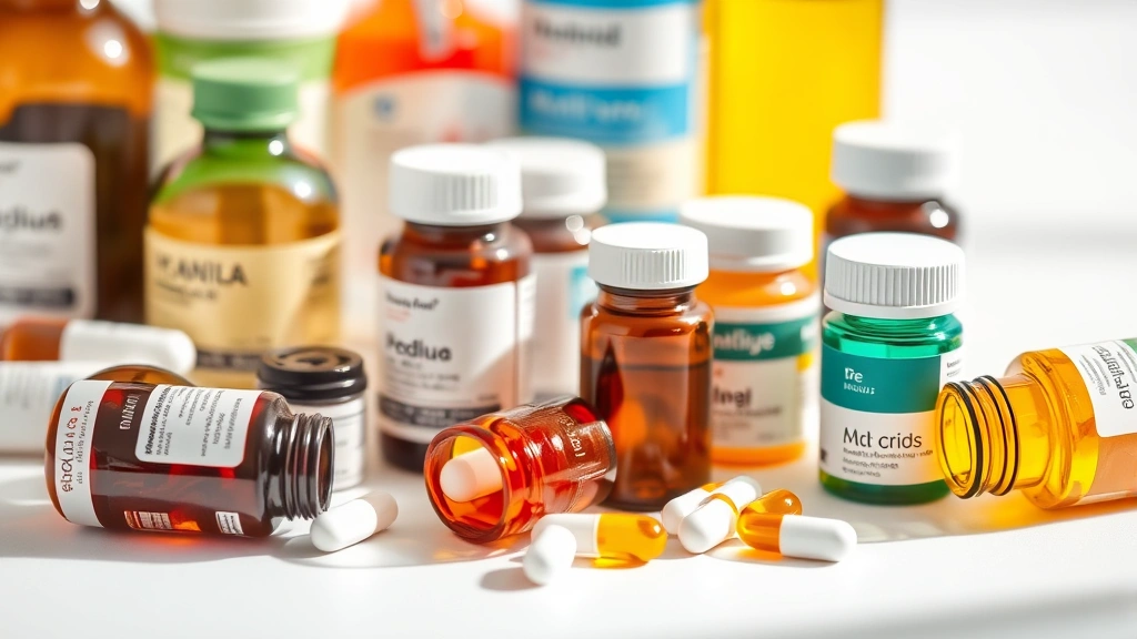 Close-up of various pharmaceutical medication bottles and capsules arranged on a clean white surface with soft shadows, representing medical treatment options and personalized healthcare approaches