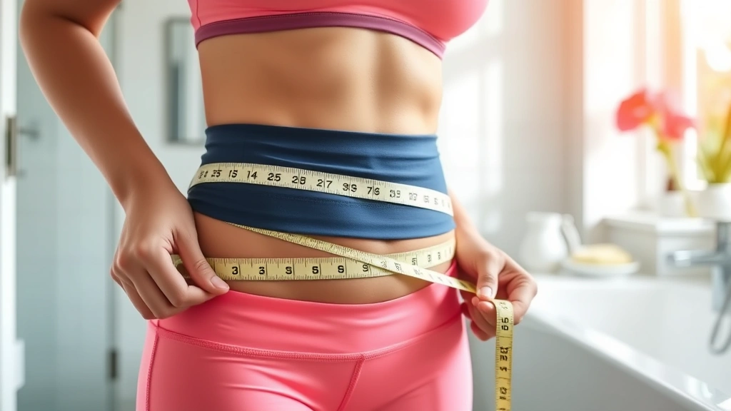 A fit person in athletic wear measuring their waist with a tape measure in a bright, modern bathroom, natural morning light, representing progress tracking and body composition changes during weight loss journey