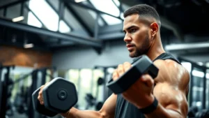Professional basketball player in training facility performing strength exercise with dumbbells, focused intense expression, modern gym equipment visible, natural lighting, athletic build, motivational fitness environment