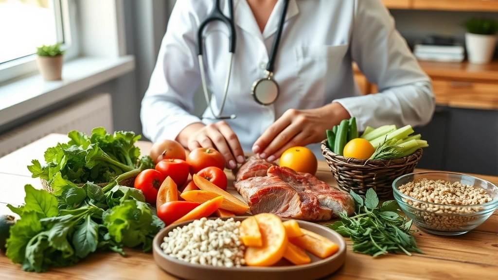 Nutritionist or sports dietitian reviewing meal preparation with fresh vegetables, lean proteins, and whole grains on wooden table, healthy food composition, natural daylight, professional setting
