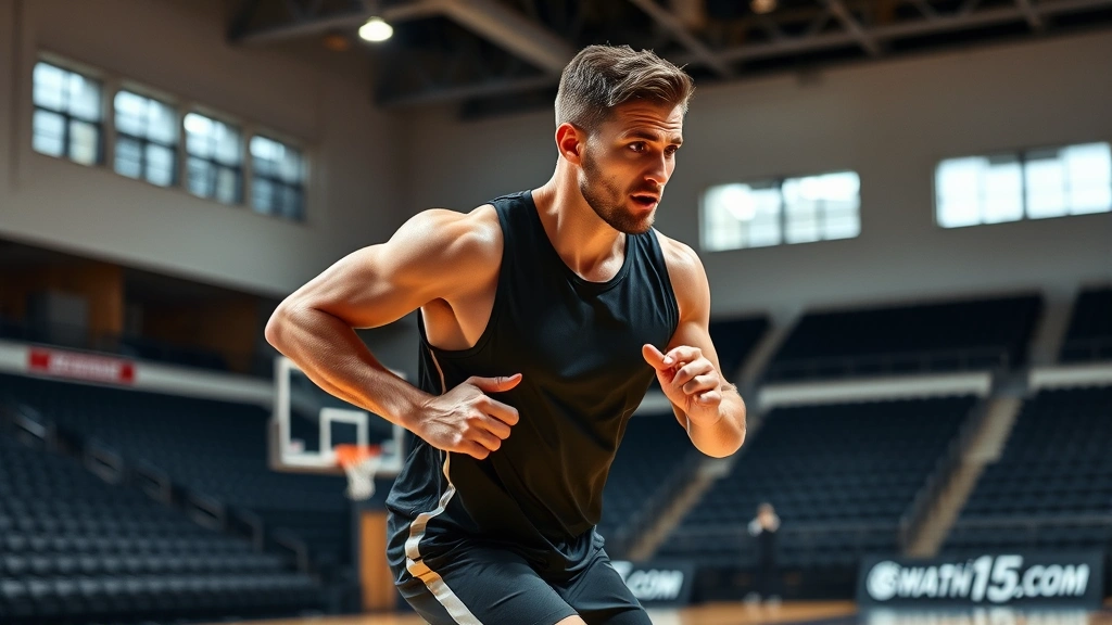 Athletic male performing cardiovascular conditioning drill on basketball court, dynamic movement captured mid-action, professional arena environment, sweat visible, peak physical condition demonstrated