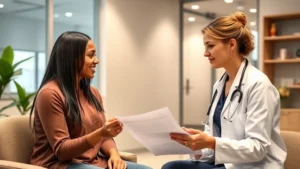 Professional healthcare consultation showing registered dietitian reviewing nutrition plan with diverse patient in modern clinic office, warm lighting, supportive atmosphere, no charts or text visible