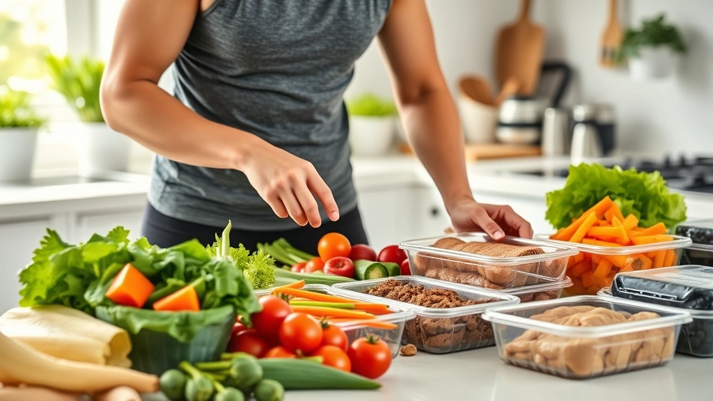 Fit person meal prepping fresh vegetables and proteins in bright kitchen, colorful produce displayed, meal containers ready, healthy ingredients emphasized, natural daylight