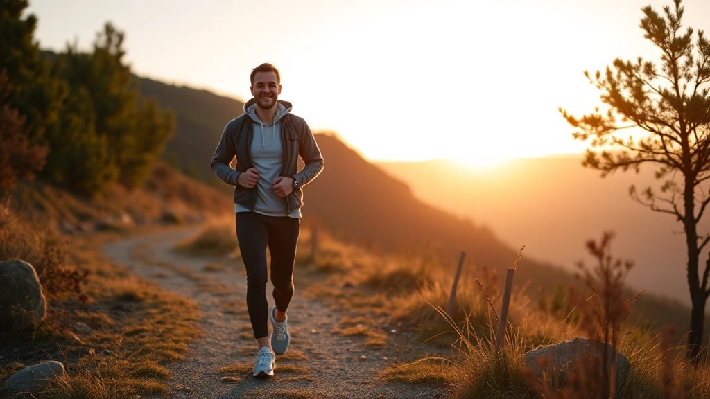Active individual walking outdoors on scenic path during golden hour, natural landscape background, confident posture, demonstrating lifestyle activity and wellness engagement