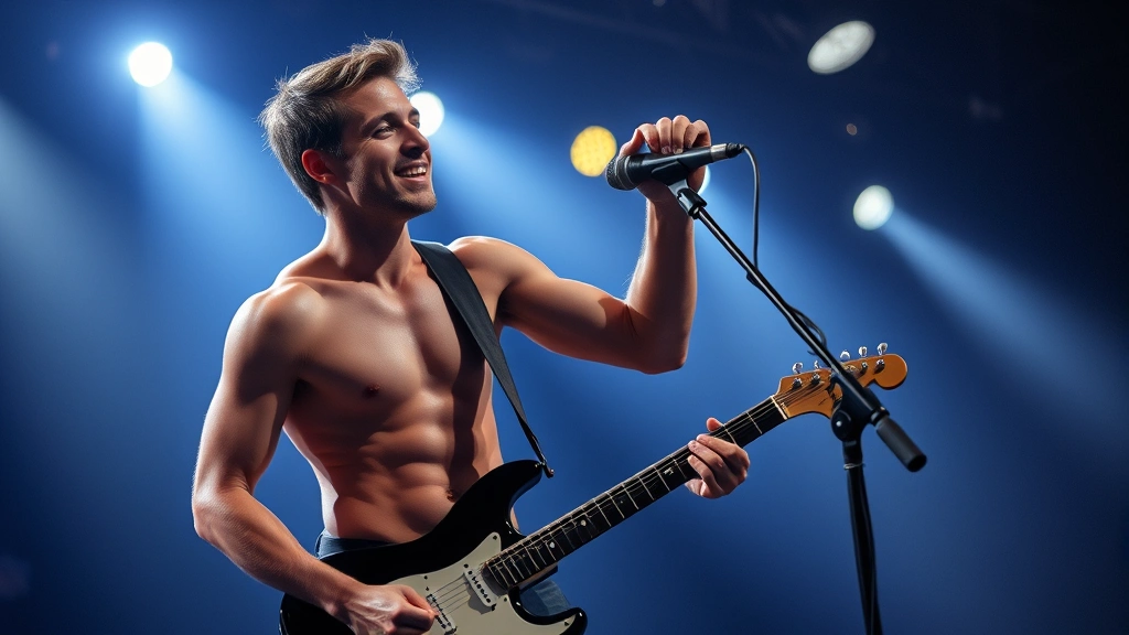 Fit male musician performing on stage with energy and confidence, professional concert lighting, healthy athletic build, no text visible