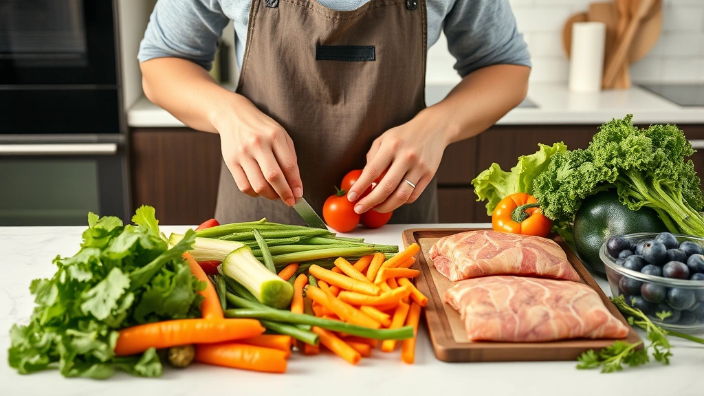 Person meal prepping fresh vegetables and lean proteins in modern kitchen, colorful whole foods on counter, healthy cooking scene, no labels or text