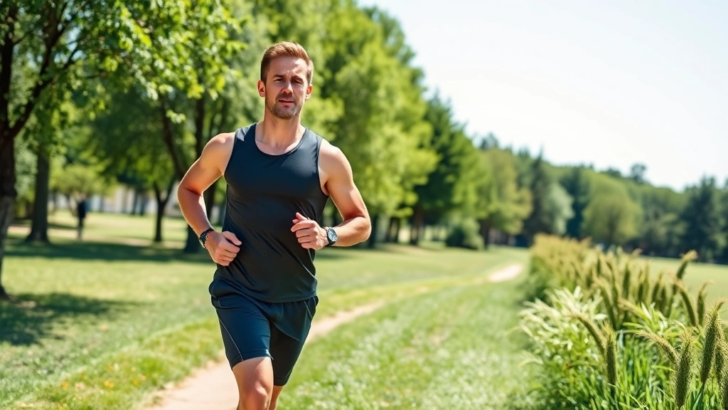 Man jogging outdoors on sunny day through park, athletic wear, determined expression, natural green scenery, wellness and fitness focus, no text
