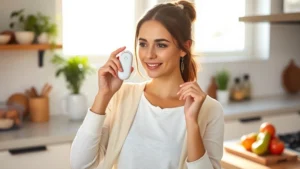 A woman holding a small white handheld Lumen metabolic device near her face in a bright, modern kitchen with healthy foods visible on the counter, morning sunlight streaming through windows, professional health photography style