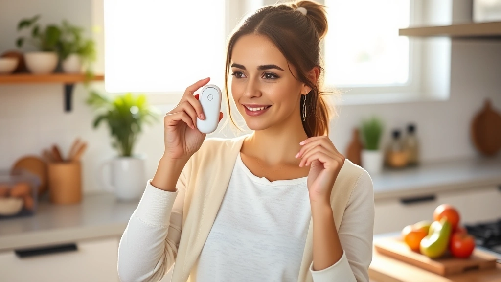 A woman holding a small white handheld Lumen metabolic device near her face in a bright, modern kitchen with healthy foods visible on the counter, morning sunlight streaming through windows, professional health photography style