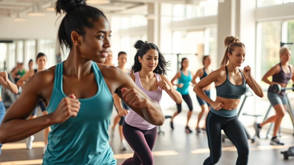 A diverse group of people exercising in a gym setting with visible determination and energy—showing cardio, weightlifting, and functional fitness activities in a clean, modern facility with natural lighting