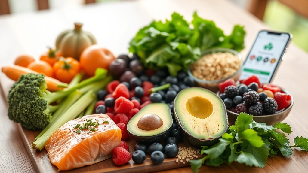 A colorful array of fresh whole foods including salmon, broccoli, berries, avocado, quinoa, and leafy greens arranged on a wooden table with a smartphone displaying a health app in the background, bright natural lighting