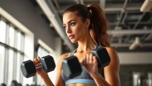 Woman in athletic wear doing strength training with dumbbells in a bright, modern gym setting, focused expression, natural lighting, healthy and fit appearance