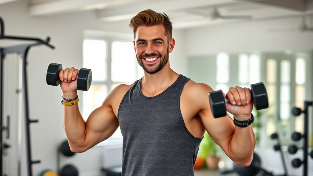 A fit man in casual athletic wear doing resistance training with dumbbells in a bright, modern home gym with natural lighting, smiling with confidence and determination, photorealistic, wellness-focused