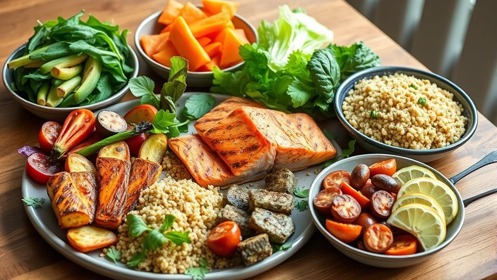 A colorful spread of fresh whole foods including grilled salmon, quinoa, roasted vegetables, and leafy greens on a wooden table in natural daylight, vibrant and appetizing, no text or labels visible