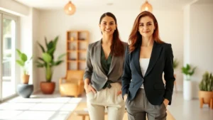 Elegant woman in professional attire standing confidently in a bright, modern wellness studio with warm natural lighting, embodying health transformation and self-improvement