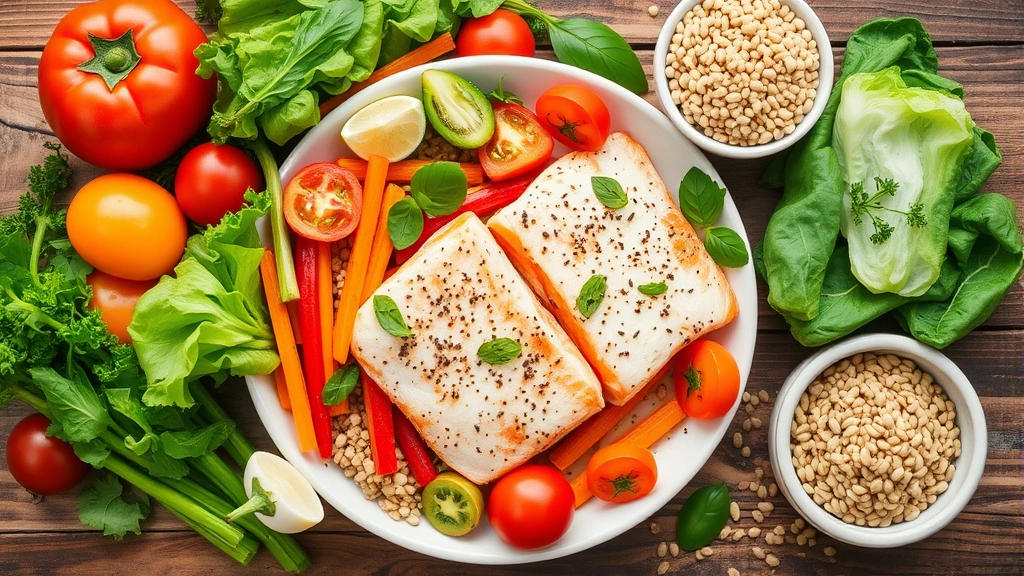 Mediterranean-style fresh vegetables, lean fish fillets, and whole grains artfully arranged on a wooden surface, representing nutritious whole foods for healthy weight management