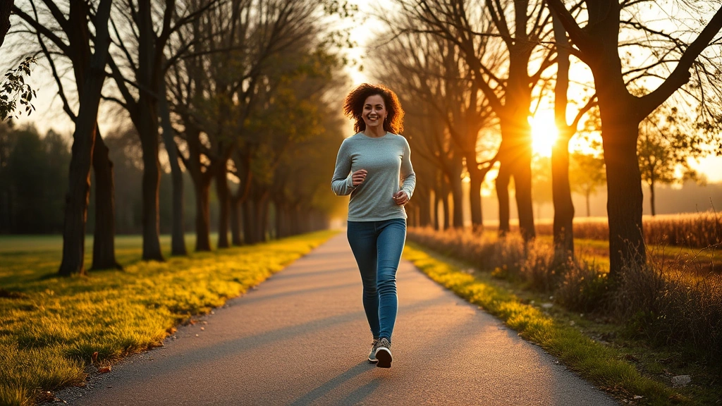 Woman walking outdoors on a tree-lined path during golden hour, demonstrating low-impact cardio exercise and sustainable physical activity for wellness