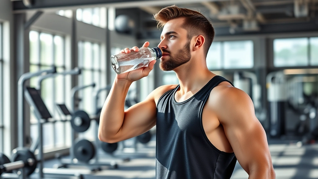 Professional man in athletic wear drinking water after workout, standing in modern gym with equipment visible, natural lighting, confident healthy expression, sports coaching environment