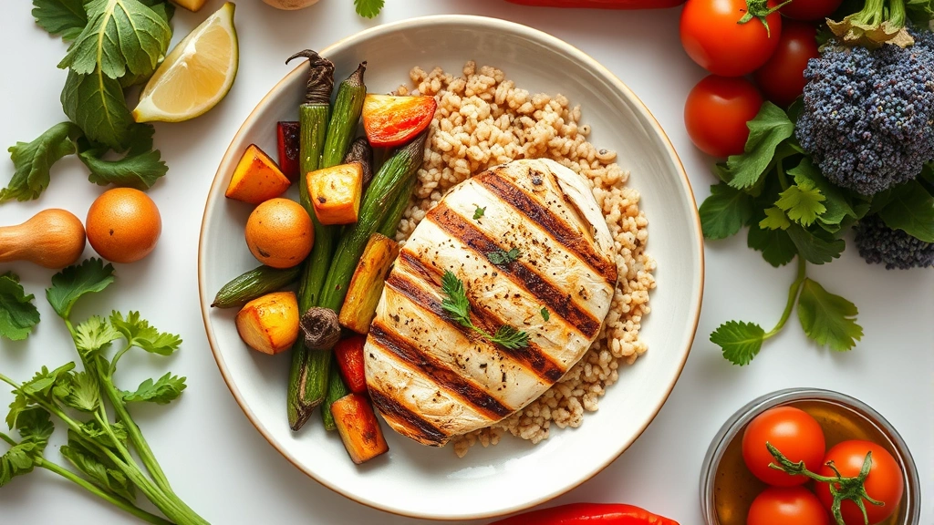 Overhead view of balanced meal plate with grilled chicken breast, roasted vegetables, and quinoa, fresh ingredients surrounding plate, bright natural kitchen lighting, healthy nutrition focus