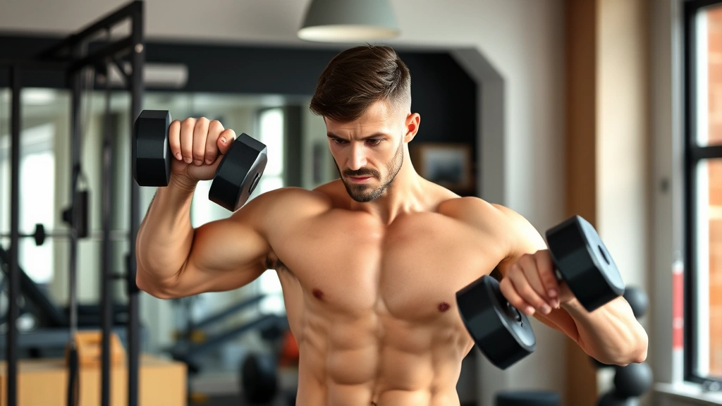 Man performing strength training exercise with dumbbells, proper form demonstrated, modern home gym setting, determined focused expression, muscular definition visible, motivational fitness atmosphere