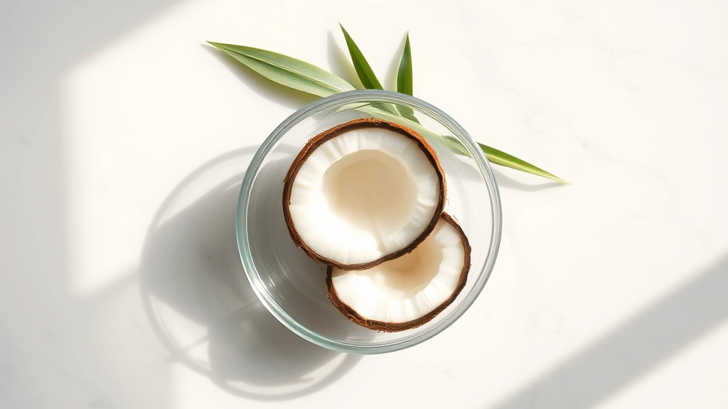 Overhead shot of coconut oil in glass bowl with fresh coconut halves on white marble countertop, natural morning sunlight, minimalist wellness aesthetic