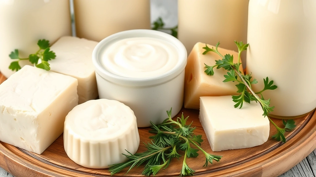Close-up of various whole food sources including butter, full-fat yogurt, cheese, and milk bottles arranged on wooden board with fresh herbs, professional food photography style