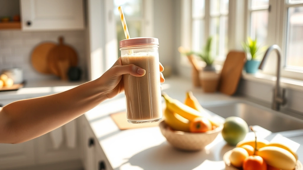 Person holding a protein shake in a bright kitchen, morning sunlight streaming through windows, fresh fruits visible on counter, healthy lifestyle atmosphere