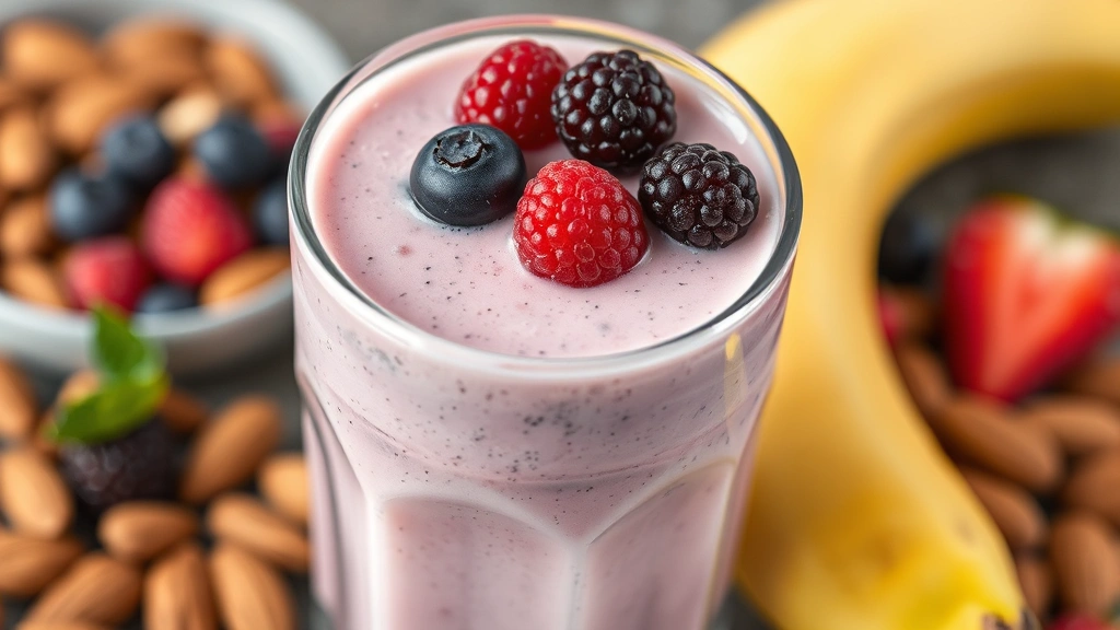 Close-up of nutritious meal replacement shake in clear glass with berries floating on top, next to whole foods like almonds and banana, nutritional abundance concept