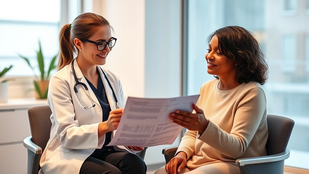 Professional medical consultation room with female doctor reviewing health charts with patient, warm lighting, modern clinical setting, both appear engaged and positive, wellness focused