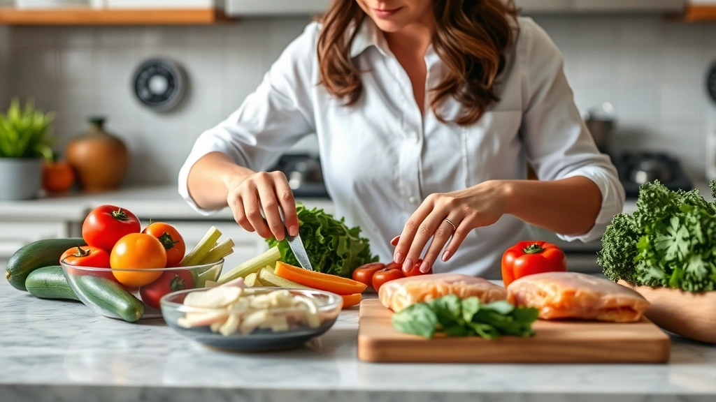 Registered dietitian nutritionist preparing healthy meal components on countertop, fresh vegetables and lean proteins visible, professional kitchen setting, natural lighting, demonstrating food preparation