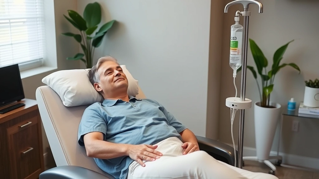Patient receiving IV micronutrient therapy in comfortable medical spa treatment chair, calm professional environment, IV stand visible, peaceful expression, medical aesthetic with wellness ambiance