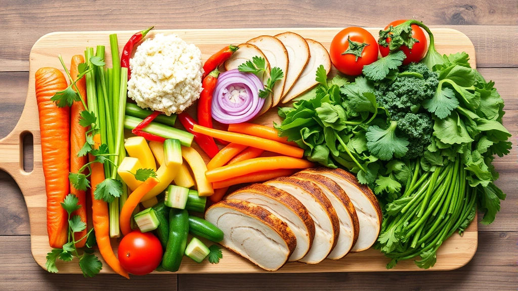 Colorful fresh vegetables and lean proteins arranged on wooden cutting board, Mediterranean diet ingredients, natural lighting, wellness-focused composition