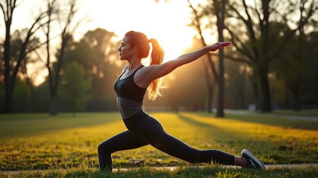 Woman stretching after outdoor morning run in park, sunrise lighting, athletic wear, healthy lifestyle, energized posture, nature background