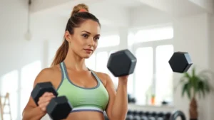 Woman in fitness attire doing resistance training with dumbbells in a bright home gym, focused expression, natural lighting, healthy and strong appearance