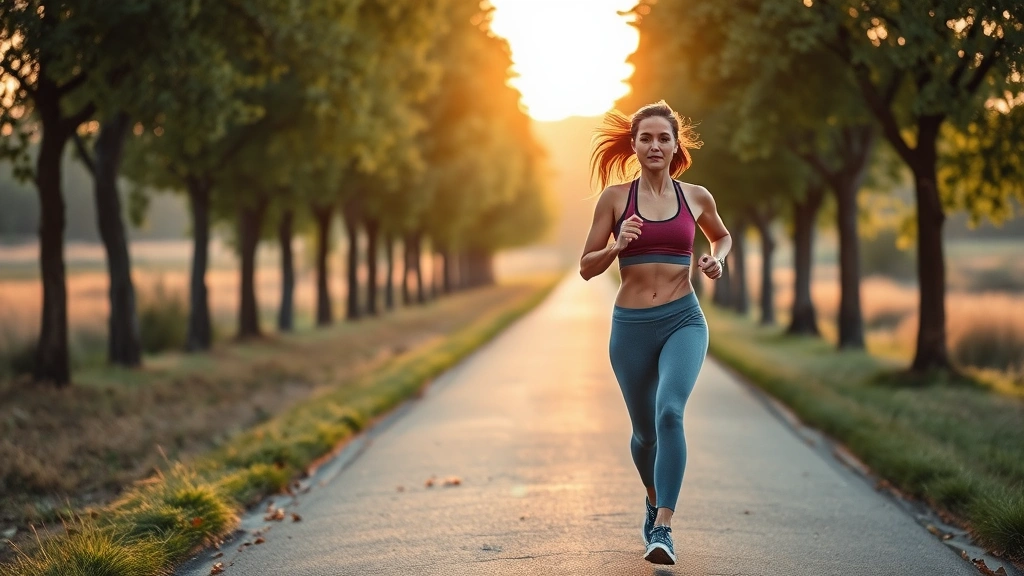 Woman jogging outdoors on a tree-lined path during golden hour, athletic wear, confident posture, natural scenic background, healthy lifestyle