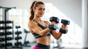 Woman in athletic wear performing strength training with dumbbells in a bright, modern gym setting with natural light, showing confident posture and muscular definition