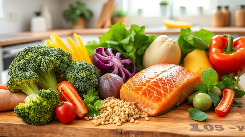 Colorful fresh vegetables and lean proteins arranged on a wooden cutting board in a bright kitchen, including broccoli, salmon, and quinoa, representing healthy whole foods