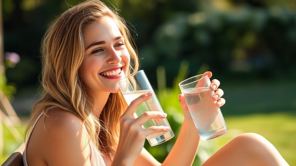 Woman drinking water from a glass while sitting peacefully outdoors in natural sunlight, looking refreshed and healthy with a genuine smile