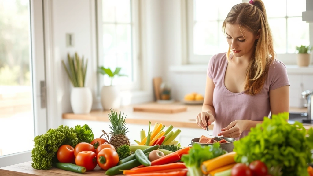 Woman in bright home kitchen preparing fresh colorful vegetables and lean protein, natural sunlight streaming through windows, healthy meal preparation scene