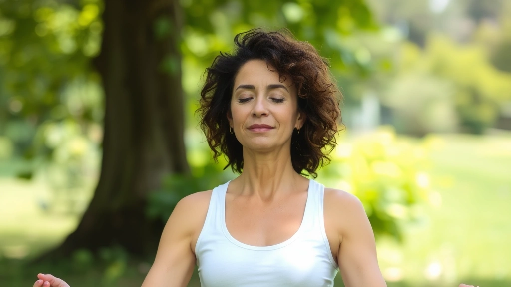 Woman meditating peacefully outdoors in natural setting, surrounded by greenery, serene expression showing mental wellness and stress management