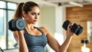 Woman doing dumbbell strength training in bright gym with natural light, focused expression, athletic wear, weights visible