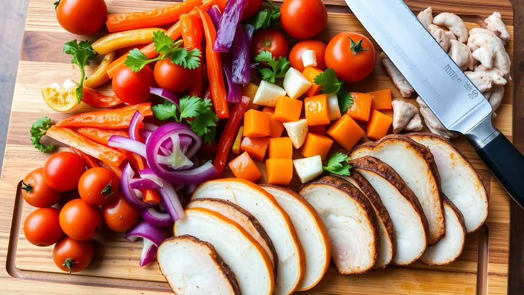 Colorful fresh vegetables and lean proteins on wooden cutting board, Mediterranean style meal preparation, natural lighting