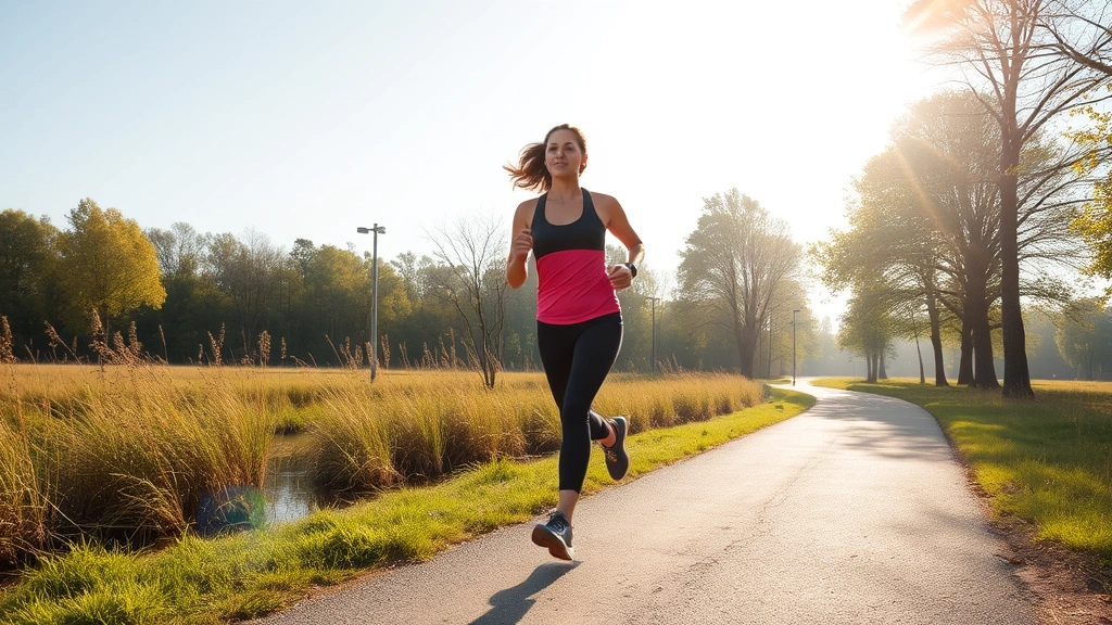 Person jogging outdoors on sunny morning path with trees, athletic woman in motion, healthy lifestyle, natural landscape