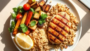 Overhead view of colorful Mediterranean-style meal with grilled chicken breast, roasted vegetables, quinoa, and fresh lemon wedges on white plate, natural sunlight from window