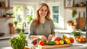 Woman smiling while preparing fresh vegetables and fruits in a bright kitchen, wearing casual comfortable clothing, natural sunlight streaming through windows, colorful produce on wooden cutting board