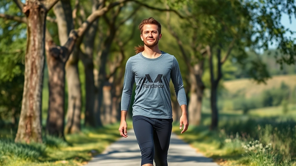 Person walking outdoors on a tree-lined path on a sunny day, wearing athletic casual clothing, natural landscape with greenery, peaceful serene expression, mid-stride movement